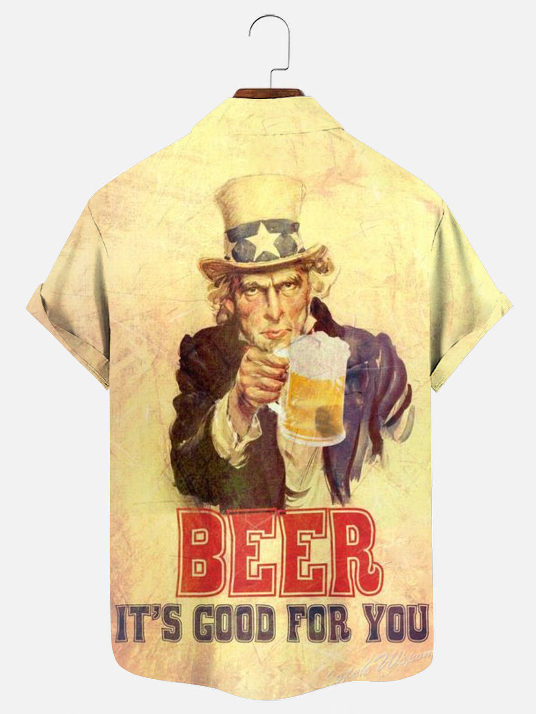 Men's Vintage Uncle Sam Beer Print Hawaiian Short Sleeve Shirt