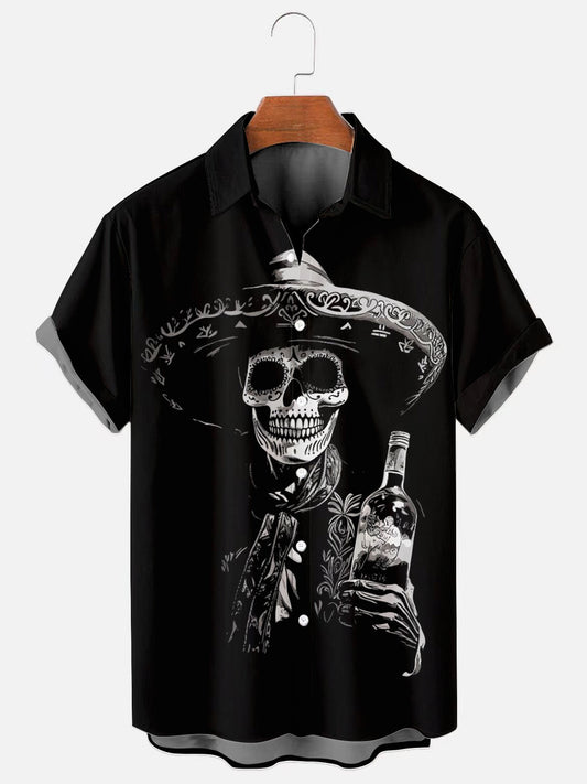 Men's Retro Skull Agave Print Casual Short Sleeve Shirt