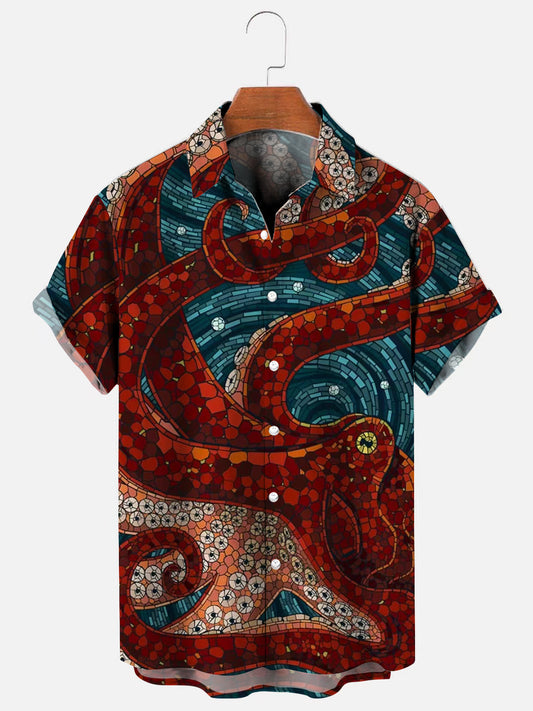 Men's Octopus Mosaic Art Print Hawaiian Short Sleeve Shirt