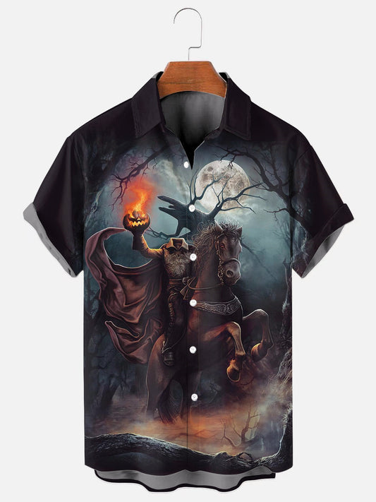 Men's Halloween Headless Horseman Print Hawaiian Short Sleeve Shirt