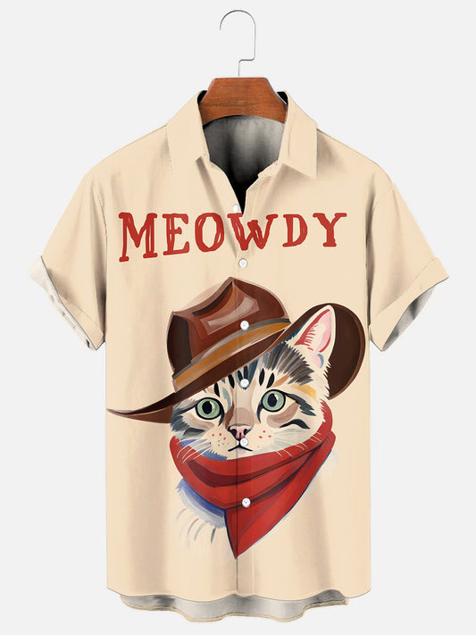Men's Western Cat Denim Print Hawaiian Short Sleeve Shirt