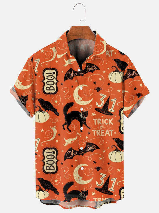 Men's Vintage Halloween Black Cat Pumpkin Bat Print Holiday Short Sleeve Shirt
