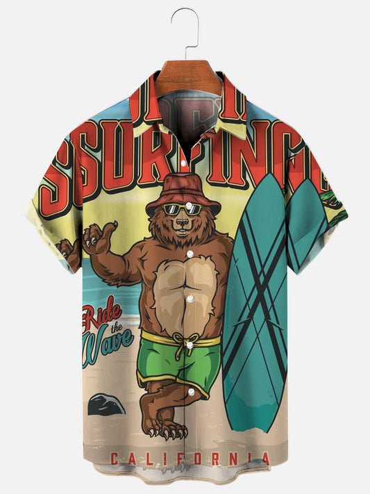 Bear Surfboard Vintage Poster Print Hawaiian Short Sleeve Shirt