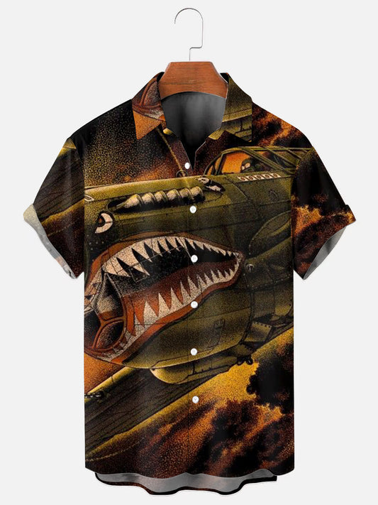 Men's Shark Mouth Fighter Jet Art Print Hawaiian Short Sleeve Shirt