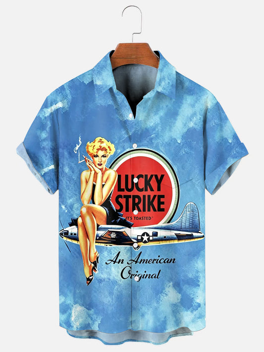 Men's Vintage Cigarette Girl Print Hawaiian Short Sleeve Pocket Shirt