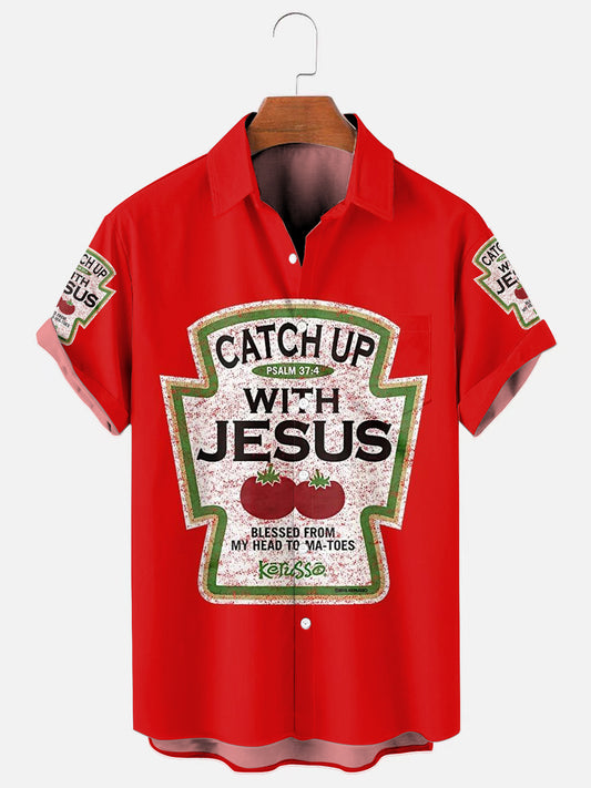 Catch Up With Jesus Printed Casual Short Sleeve Shirt With Pocket