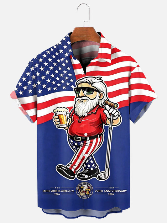 Men's 250th Anniversary Golf And Beer Print Hawaiian Short Sleeve Pocket Shirt