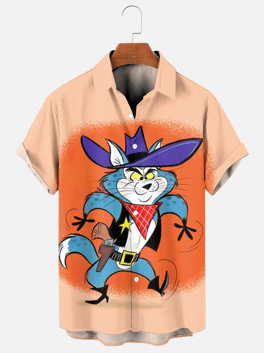 Men's Cartoon Cat Sheriff Print Hawaiian Short Sleeve Shirt