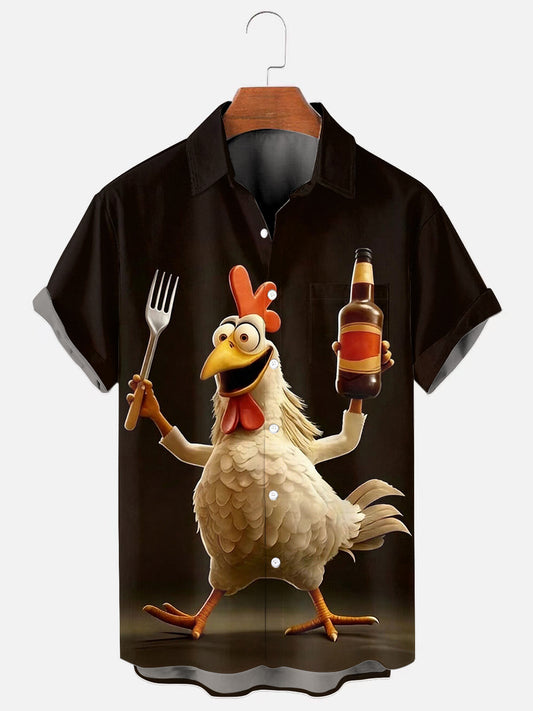 Men's Cartoon Chicken Print Casual Short Sleeve Pocket Shirt