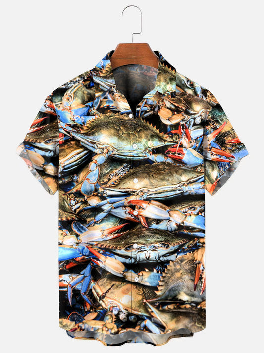 Men's Blue Crab Print Hawaiian Short Sleeve Shirt