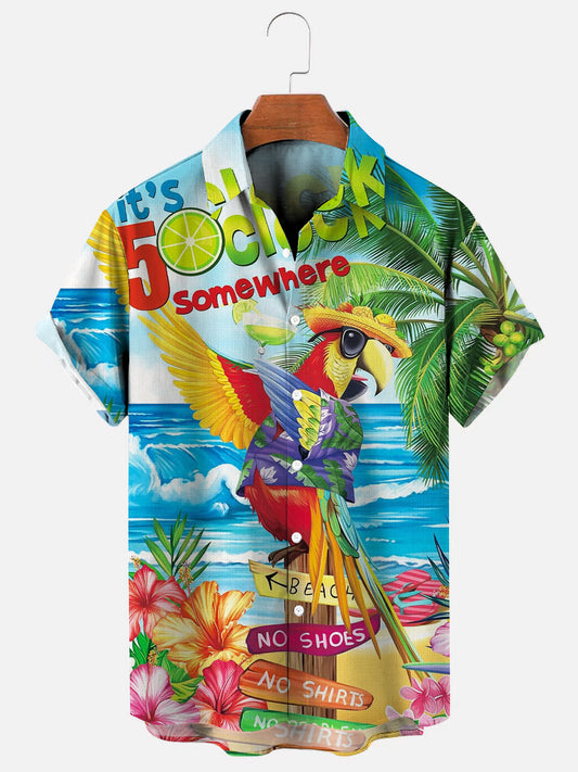 Parrot Beach Print Men's Hawaiian Short Sleeve Shirt