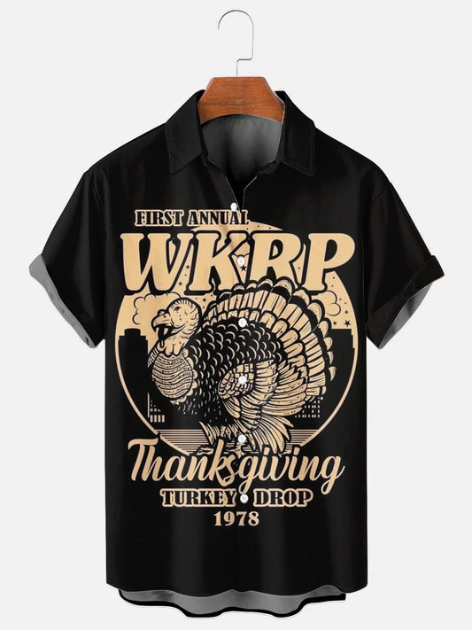 Men's Thanksgiving Turkey Retro Poster Print Casual Short Sleeve Shirt