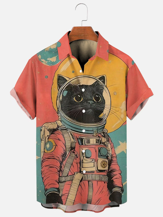 Men's Cat Astronaut Art Print Hawaiian Short Sleeve Pocket Shirt