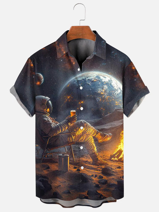 Men's Space Astronaut Drinking Beer On The Moon Graphic Print Hawaiian Short Sleeve Shirt