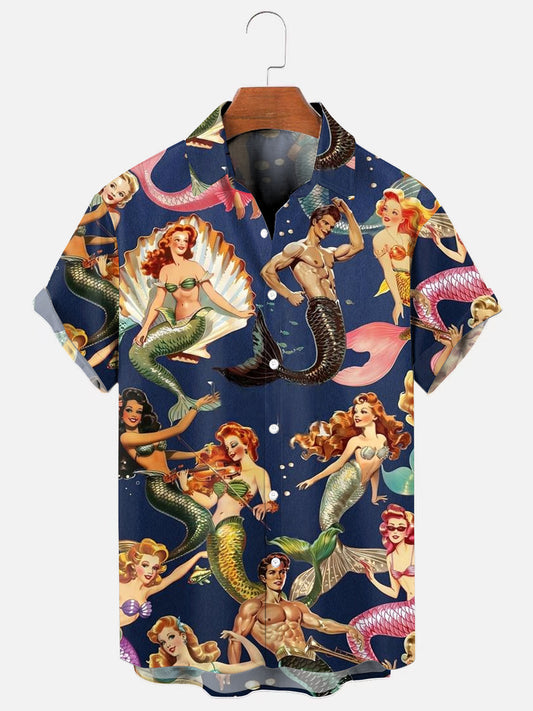 Men's Retro Mermaid Print Hawaiian Short Sleeve Shirt