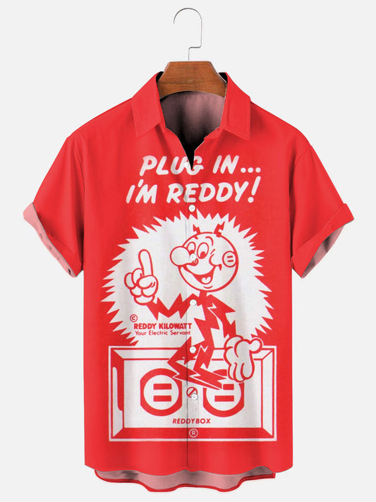 Men's Plug In I'm Reddy Retro Print Casual Short Sleeve Shirt