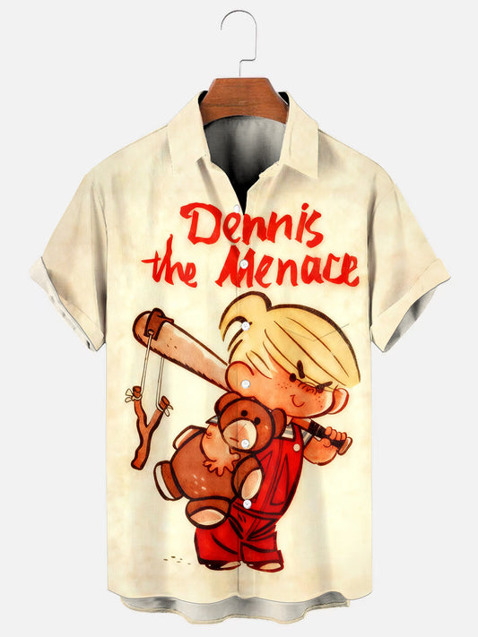 Men's Vintage Cartoon TV Character Print Hawaiian Chest Pocket Short Sleeve Shirt