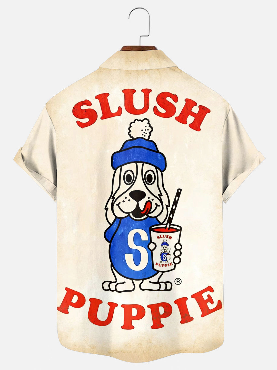 Men's Vintage Cartoon Dog Smoothie Mascot Poster Print Casual Short Sleeve Pocket Shirt