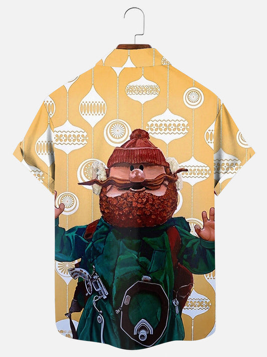 Men's Christmas Rudolph Cartoon Print Holiday Pocket Short Sleeve Shirt