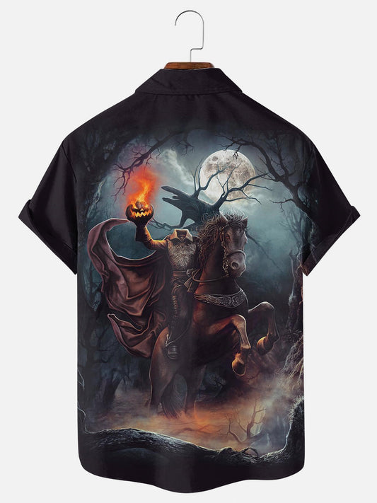 Men's Halloween Headless Horseman Print Hawaiian Short Sleeve Shirt
