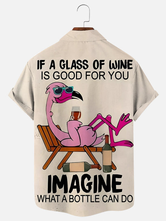 Men's Flamingo Drinking Red Wine Fun Print Holiday Casual Short Sleeve Shirt