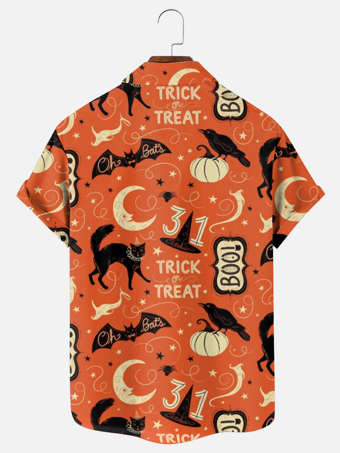 Men's Vintage Halloween Black Cat Pumpkin Bat Print Holiday Short Sleeve Shirt