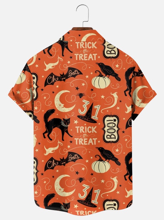 Men's Vintage Halloween Black Cat Pumpkin Bat Print Holiday Short Sleeve Shirt