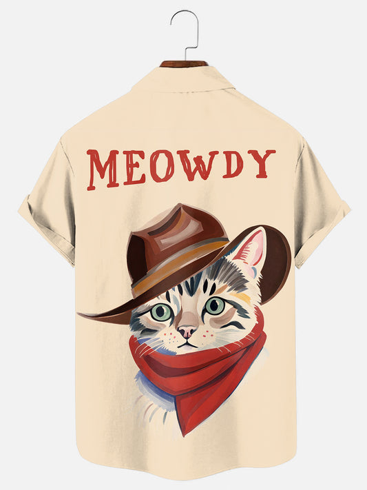 Men's Western Cat Denim Print Hawaiian Short Sleeve Shirt