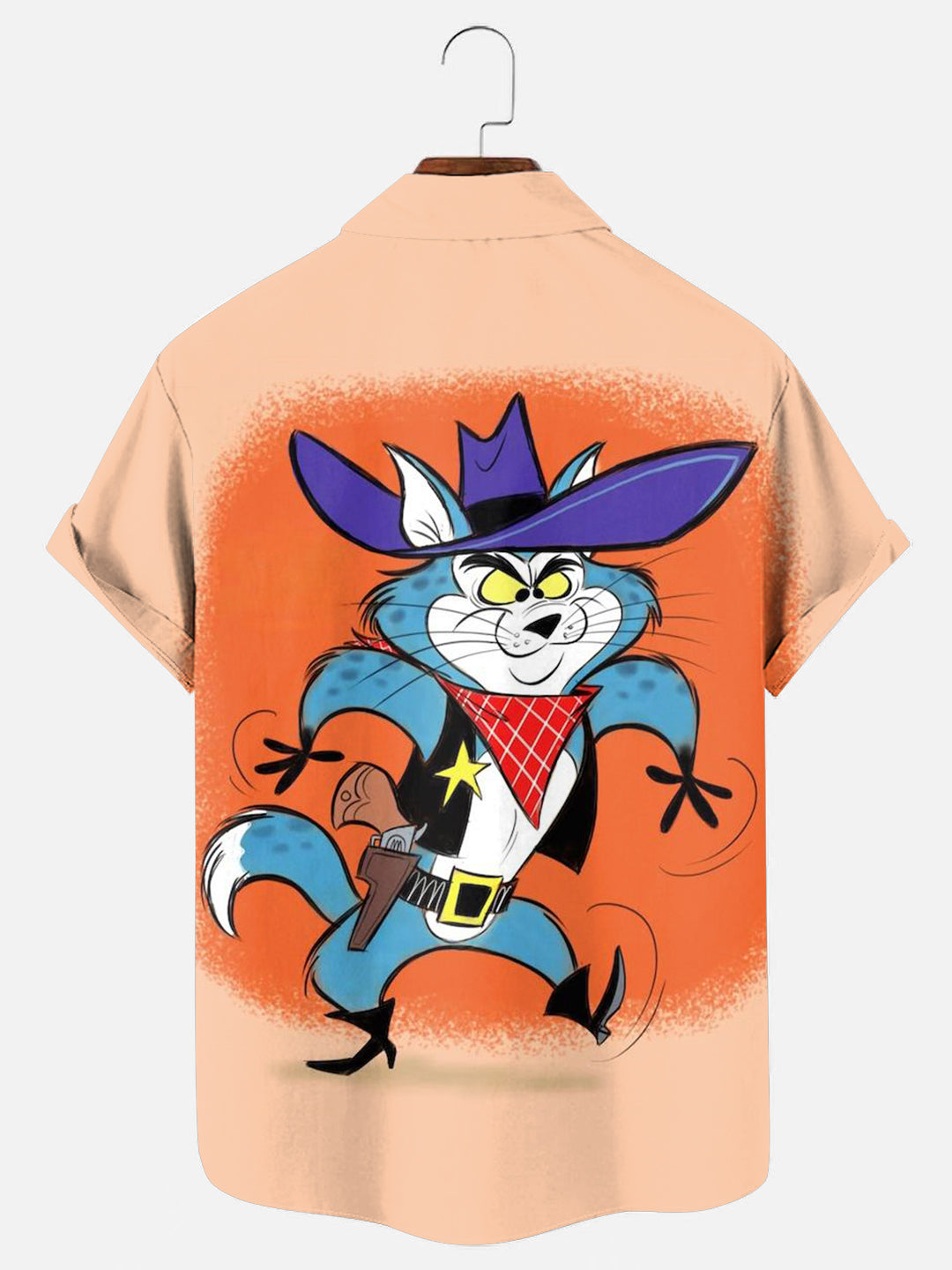 Men's Cartoon Cat Sheriff Print Hawaiian Short Sleeve Shirt