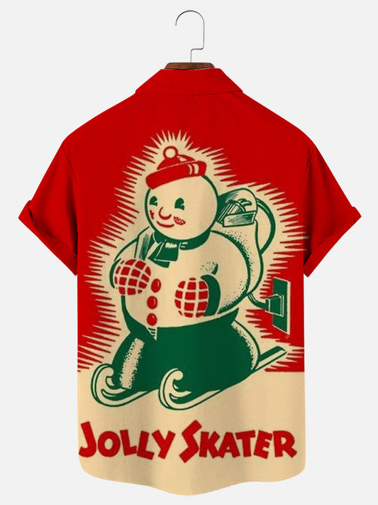 Men's Vintage Christmas Ski Snowman Print Holiday Short Sleeve Shirt