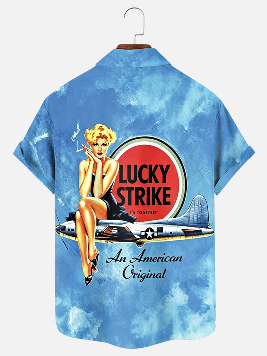 Men's Vintage Cigarette Girl Print Hawaiian Short Sleeve Pocket Shirt