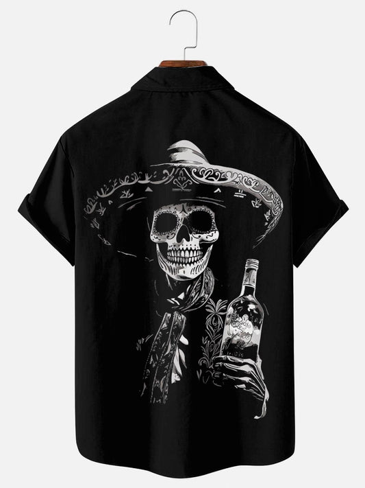 Men's Retro Skull Agave Print Casual Short Sleeve Shirt