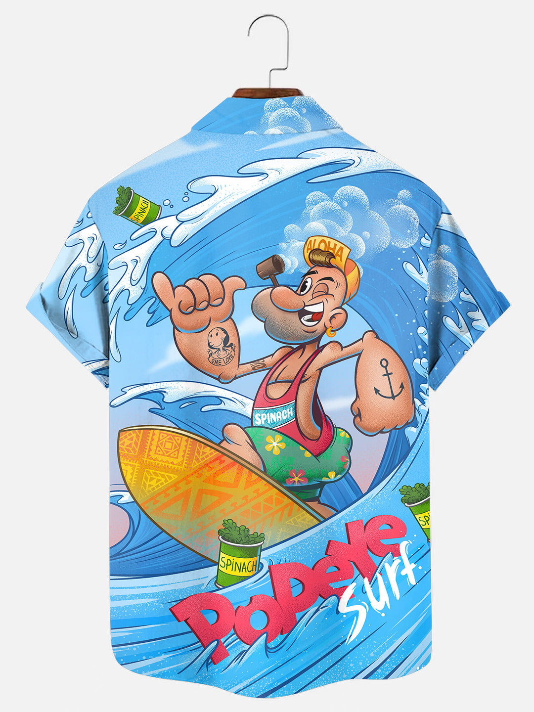 Men's Cartoon Sailor Surfing Print Hawaiian Short Sleeve Shirt