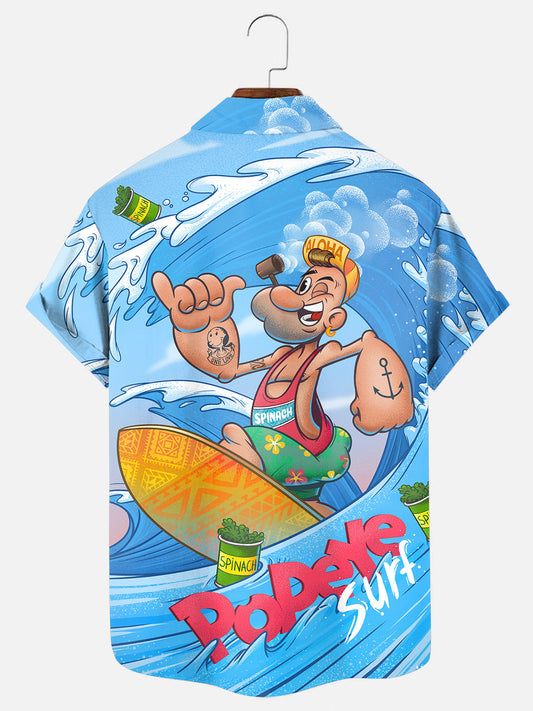 Men's Cartoon Sailor Surfing Print Hawaiian Short Sleeve Shirt