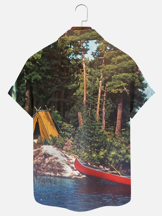 Men's Camping Canoe Vintage Print Hawaiian Short Sleeve Shirt