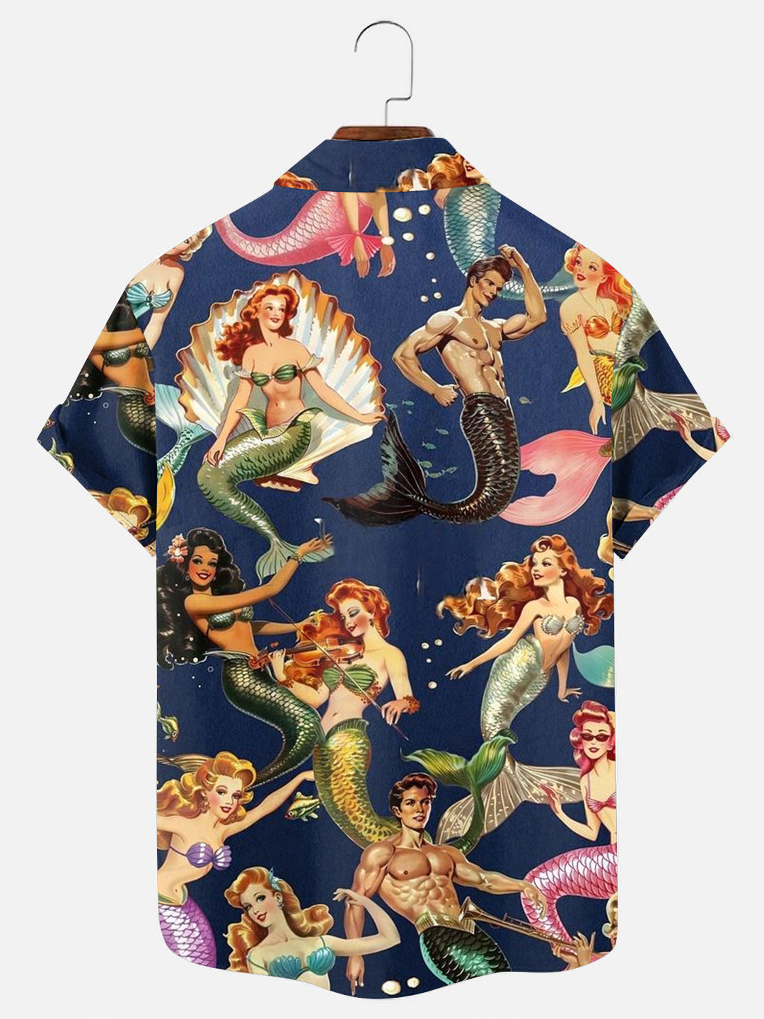 Men's Retro Mermaid Print Hawaiian Short Sleeve Shirt