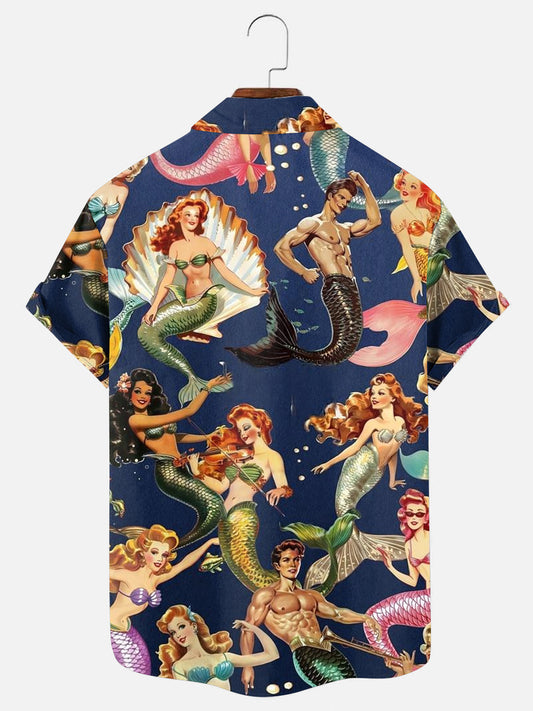Men's Retro Mermaid Print Hawaiian Short Sleeve Shirt