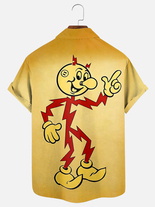 Men's 60s Retro Reddy Kilowatt Print Casual Short Sleeve Pocket Shirt