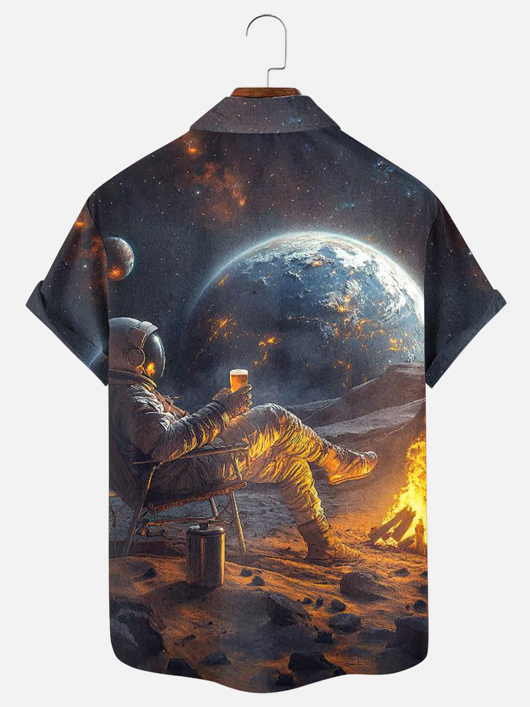 Men's Space Astronaut Drinking Beer On The Moon Graphic Print Hawaiian Short Sleeve Shirt