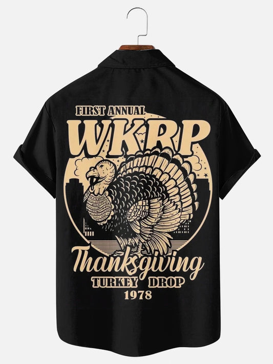 Men's Thanksgiving Turkey Retro Poster Print Casual Short Sleeve Shirt