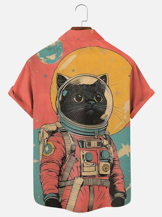 Men's Cat Astronaut Art Print Hawaiian Short Sleeve Pocket Shirt