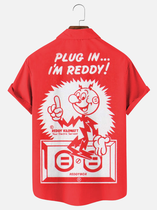 Men's Plug In I'm Reddy Retro Print Casual Short Sleeve Shirt