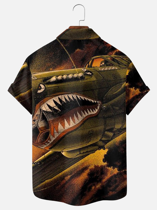 Men's Shark Mouth Fighter Jet Art Print Hawaiian Short Sleeve Shirt