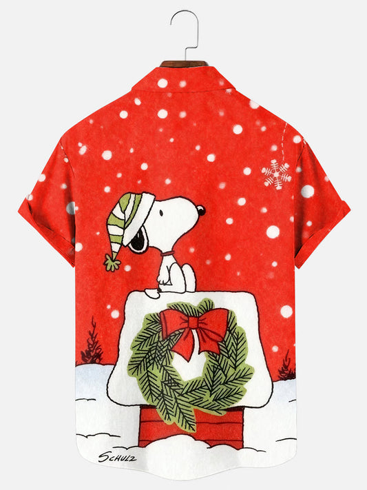 Men's Christmas Wreath Cartoon Print Holiday Short Sleeve Shirt