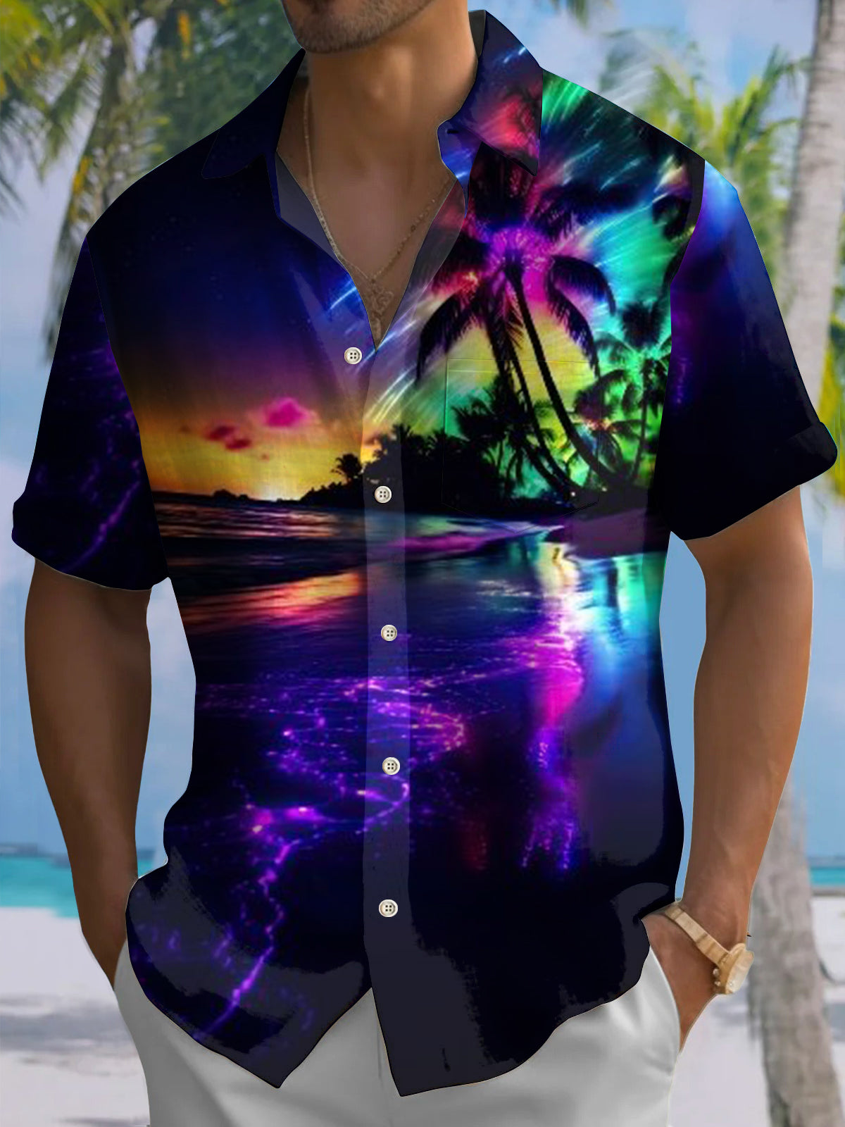 Men's neon beach print Hawaiian short sleeve shirt