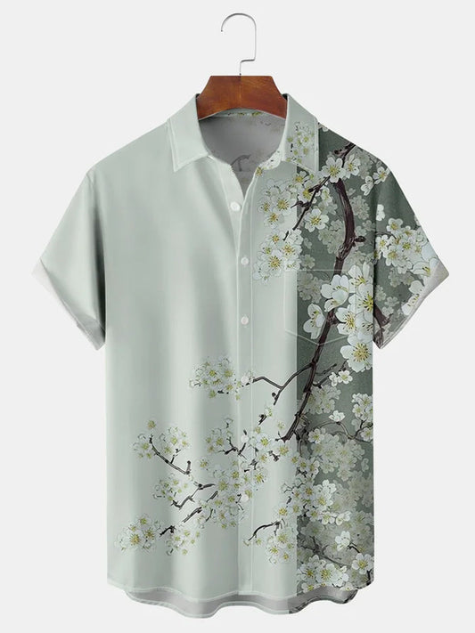 Floral Sakura Chest Pocket Short Sleeve Hawaiian Shirt