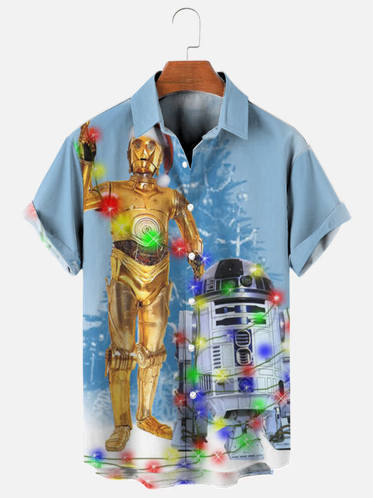 Men's Retro Christmas Cartoon Print Holiday Short Sleeve Shirt