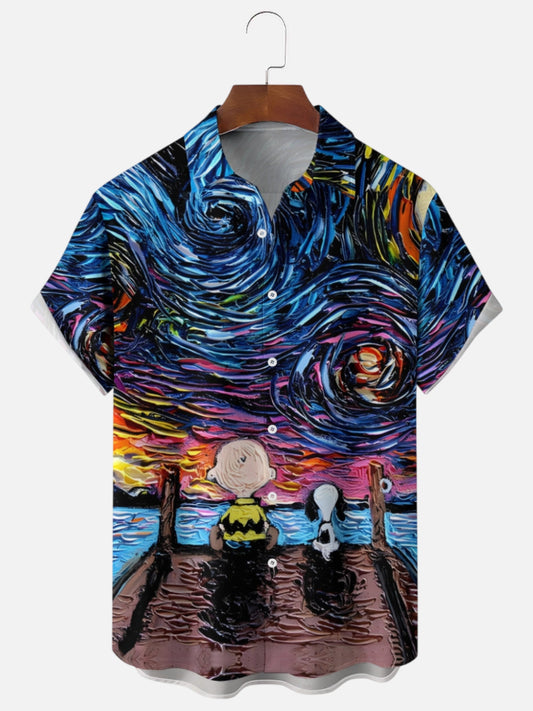 Starry Night Cartoon Character Print Hawaiian Short Sleeve Shirt