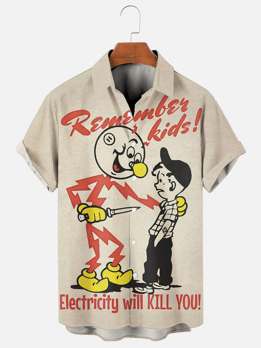 Men's 70's Vintage Electricity Warning Logo Pattern Print Hawaiian Short Sleeve Shirt