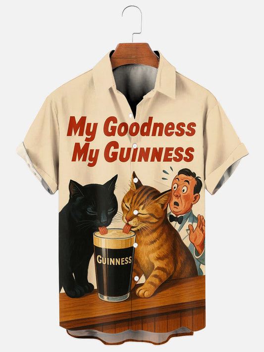 Two Cats Sharing A Beer Retro Print Hawaiian Short Sleeve Pocket Shirt